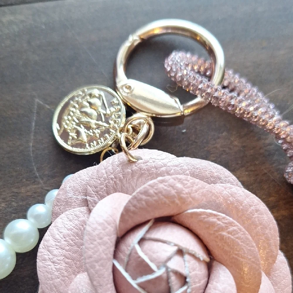 Elegant Pink Rose Bag Charm with Pearls